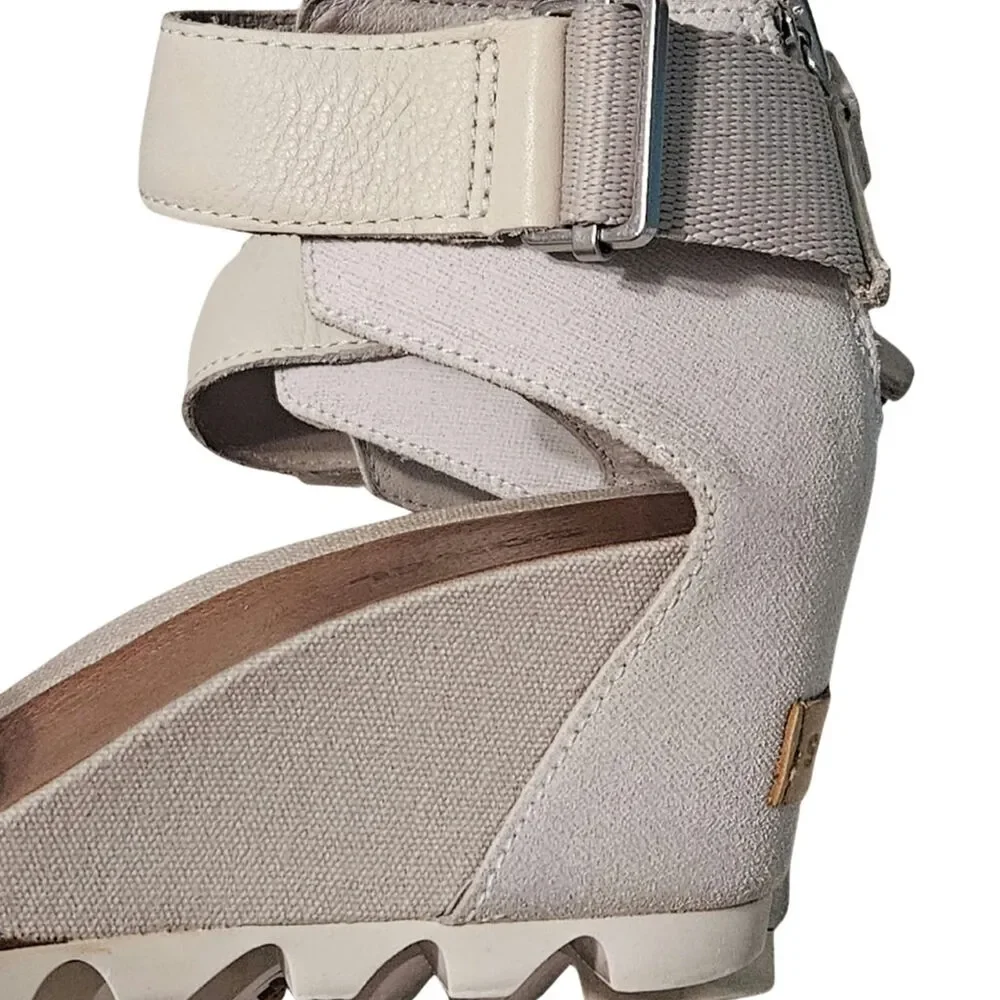 Cream Sorel Joanie Sandal Leather Wedge Heels Ankle Strap Open Toe Size 6.5